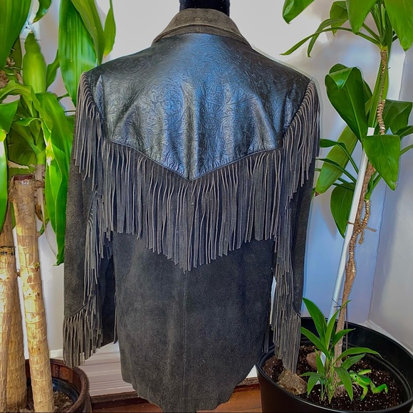 Wilson’s Black Suede Tooled Leather Fringe Jacket - Picture 2 of 8